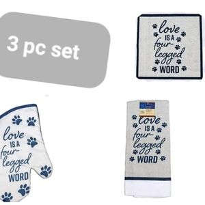 Love Is A Four Legged Word paw print  Kitchen hand Towel Mitt & Pot Holder Set